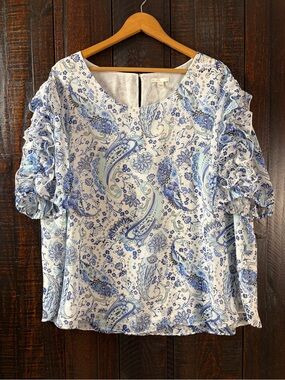 Cato Blue Paisley Ruffle-Sleeve Blouse 22/24W